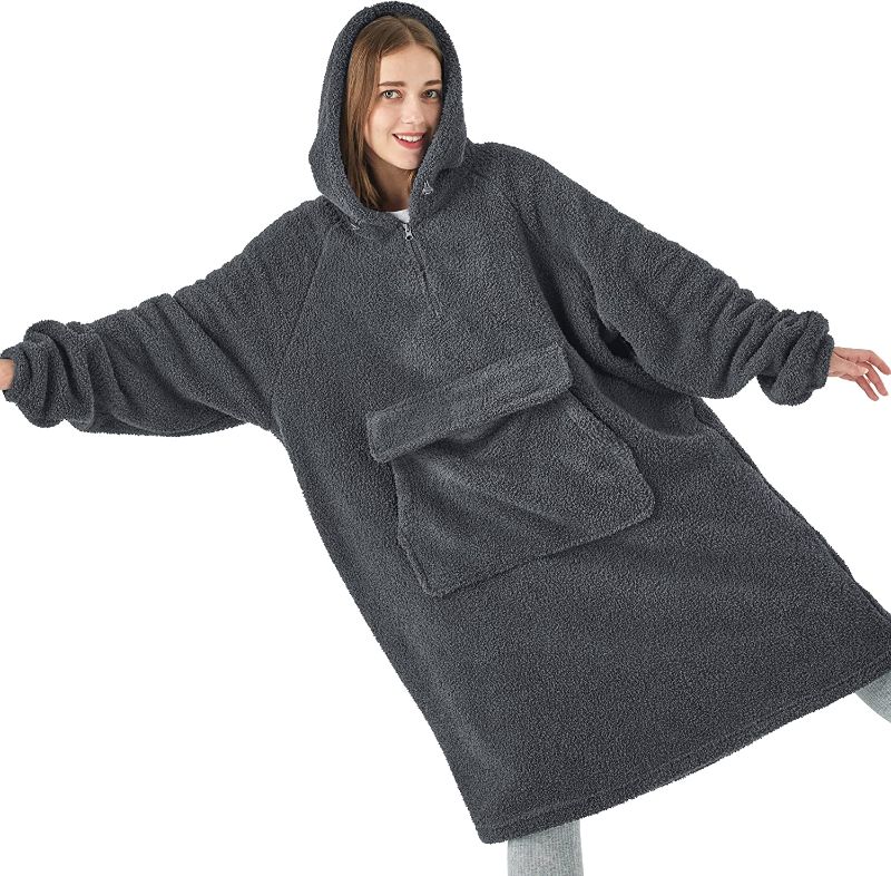 Photo 1 of BEDSURE Oversized Wearable Blanket Hoodie, Long Sherpa Fleece Blanket Sweatshirt as Gifts for Women, with Warm Big Hood for Christmas, Side Split and Belt, Burgundy, Oversize Oversize Grey