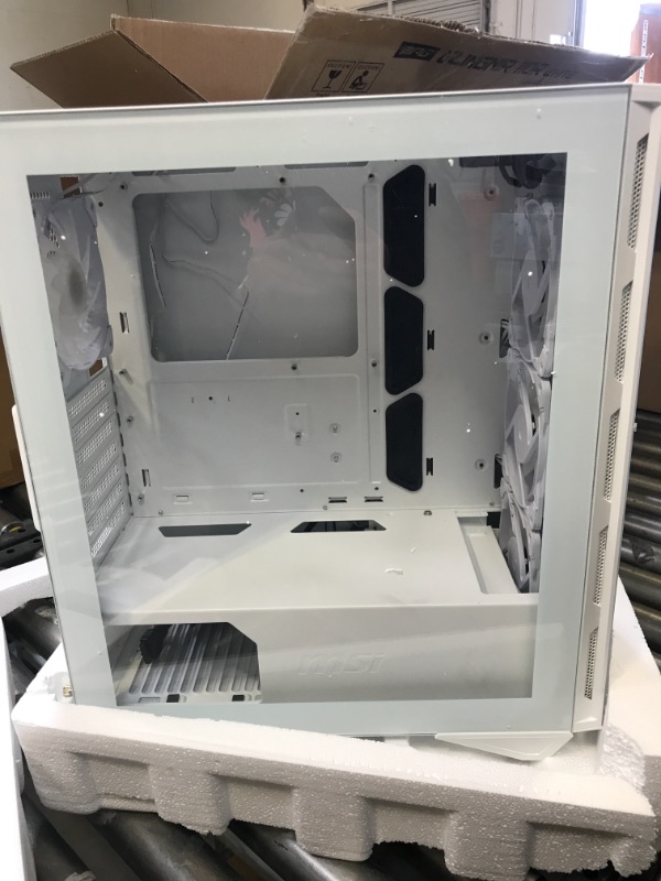Photo 3 of MSI MPG GUNGNIR 110R WHITE - Premium Mid-Tower Gaming PC Case - Tempered Glass Side Panel - ARGB 120mm Fans - Liquid Cooling Support up to 360mm Radiator - White Color Case MISSING HARDWARE ON THE BACK 