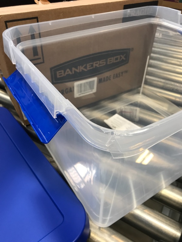 Photo 4 of Bankers Box Heavy Duty Plastic File Storage Box with Hanging Rails, Letter/Legal, 1 Pack (0086205) USED CRACKED SIDE BUT STILL FUNCTIONAL