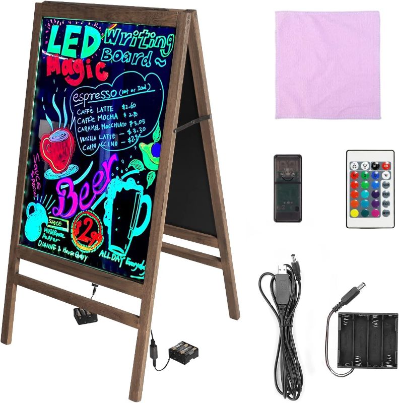 Photo 1 of BORWART LED Drawing Chalk Board: Large Double Sided Blackboard with Lights - Wooden Message Chalkboard Display with 15 Light Colors 4 Flashing Mode for Kids, Restaurant Menu, Bar, Celebration 39.4'' X 20.5'' - Double Sides