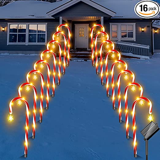 Photo 1 of Christmas Candy Cane Lights 16 Pack,Candy Cane Christmas Decorations, Waterproof Christmas Pathway Lights with Stars, Outdoor Walkway Lights for Yard Garden Xmas Tree Holiday Gift