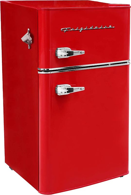 Photo 1 of Frigidaire EFR840-RED 3.1 Cu Ft Red 2 Door Retro Bar Fridge with Side Bottle Opener missing side bottle opener ---minor dents 
