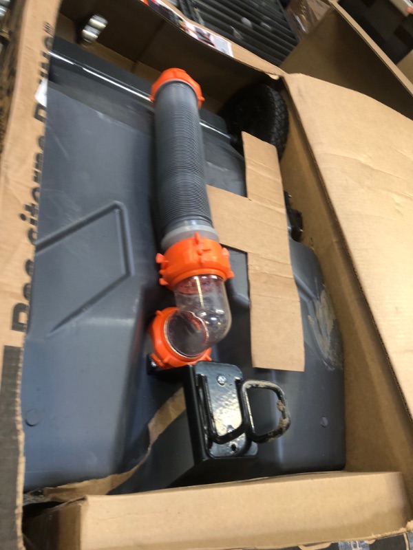 Photo 1 of Camco Rhino Portable RV Waste Holding Tank with Hose and Accessories, 28 Gallons (39004) , Gray----THERE IS MUD ON THE ITEM 