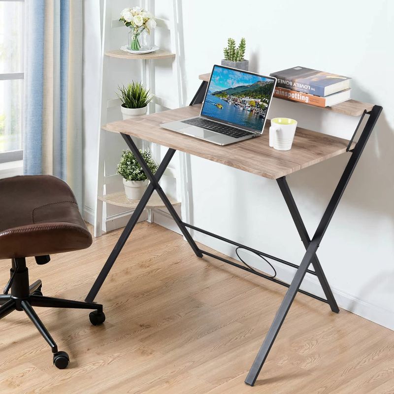 Photo 1 of FurnitureR 31.9'' Folding Desk 2 Tier Foldable Desk No Assembly Computer Desk Saves Space for Home Office Study, Metal Frames/Wood Top Laptop Table, Brown  ****FACTORY SEALED***