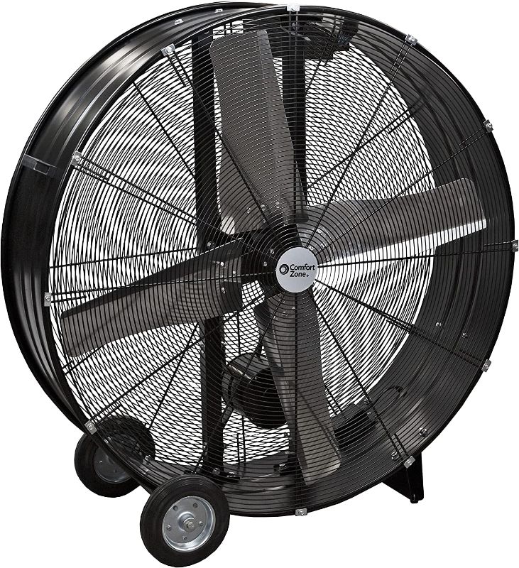 Photo 1 of Comfort Zone CZMC42B 42” 2-Speed High-Velocity Industrial Belt-Drive Drum Fan, All-Metal Construction, Easy-to-Grab Handle, Individually Balanced Blades, Black, *MISSING WHEELS,  MARKINGS/SCUFFS/PACKAGE DMG * 