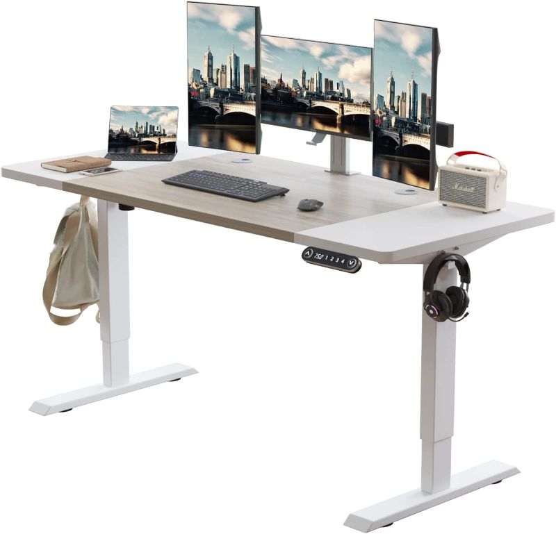 Photo 1 of Radlove Electric Height Adjustable Standing Desk, 63x 30 Inches Stand Up Desk Workstation, Splice Board Home Office Computer Standing Table Ergonomic Desk (White+ Oak, 63x30'')
