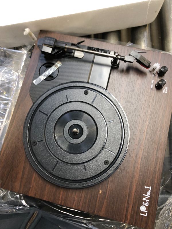 Photo 5 of LP&No.1 Bluetooth Vinyl Record Player with External Speakers, 3-Speed Belt-Drive Turntable for Vinyl Albums with Auto Off and Bluetooth Input DarkBrown Wood