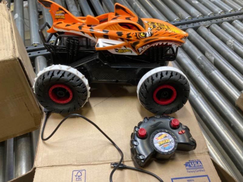 Photo 2 of Hot Wheels Monster Trucks, *UNABLE TO TEST*  Remote Control Car, Monster Truck Toy with All-Terrain Wheels, 1:15 Scale Unstoppable Tiger Shark RC