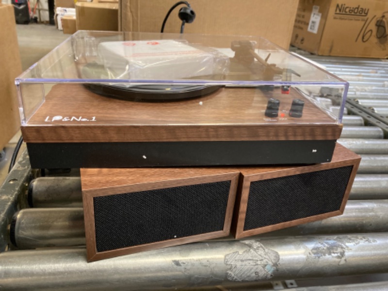 Photo 3 of LP&No.1 Bluetooth Vinyl Record Player with External Speakers, 3-Speed Belt-Drive Turntable for Vinyl Albums with Auto Off and Bluetooth Input DarkBrown Wood
