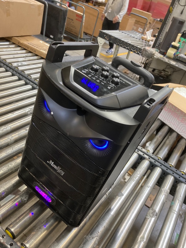 Photo 1 of Moukey Karaoke Machine, PA System Subwoofer, Portable Bluetooth Speaker w/ 2 Wireless Microphones, Lyrics Display Holder, Party Lights & Echo/Treble/Bass Adjustment, Support TWS/REC/AUX/MP3/USB/TF/FM 10" Subwoofer