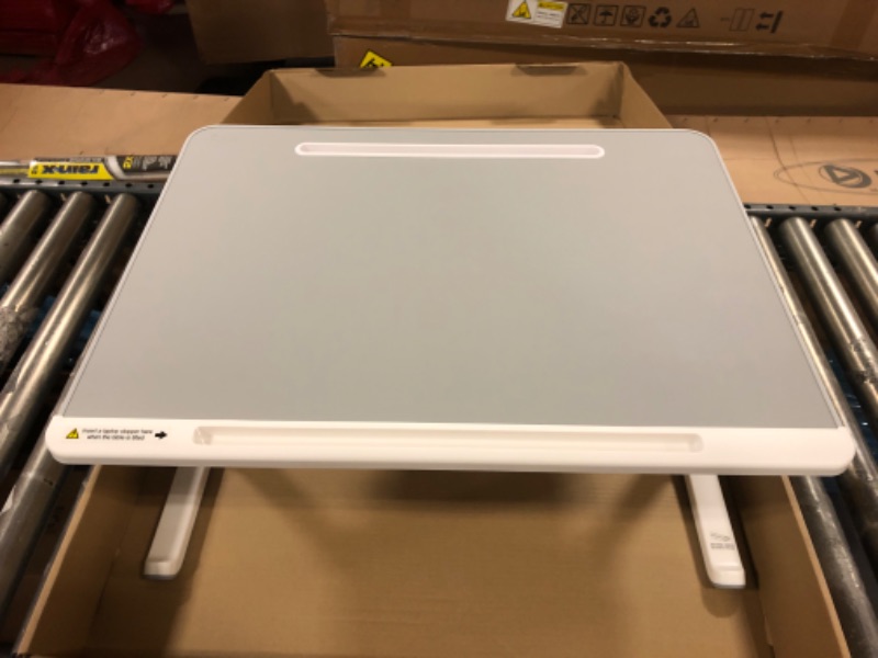 Photo 1 of Laptop Bed Tray Desk, SAIJI Adjustable Laptop Stand for Bed, Foldable Laptop Table with Storage Drawer for Eating, Working, Writing, Gaming, Drawing (Gray, X-Large) Gray Table