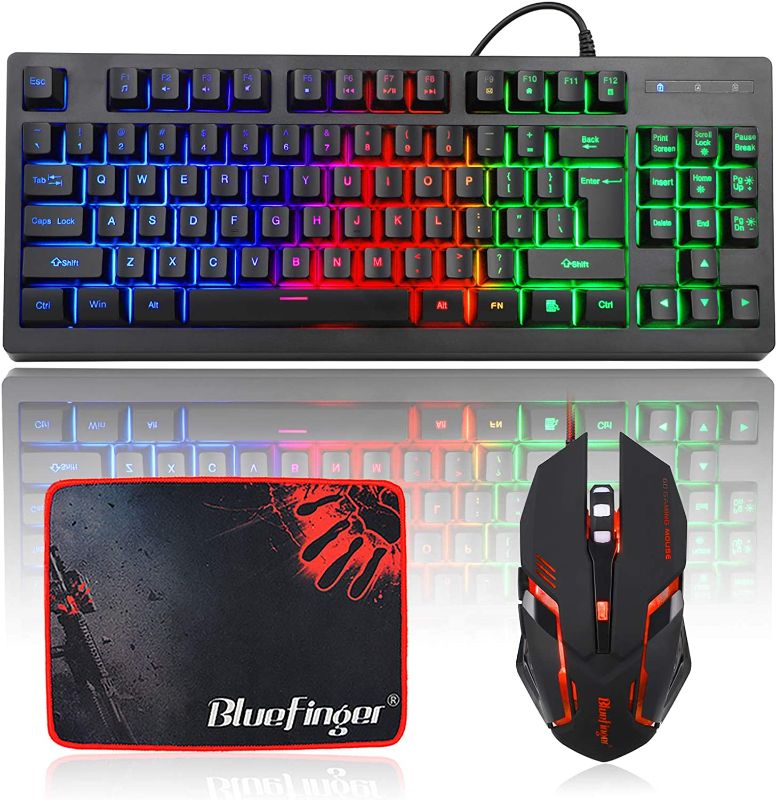 Photo 1 of BlueFinger RGB 87 Keys Gaming Keyboard and Backlit Mouse Combo, USB Wired Rainbow Keyboard,Gaming Keyboard Set for Laptop PC Computer Game and Work
