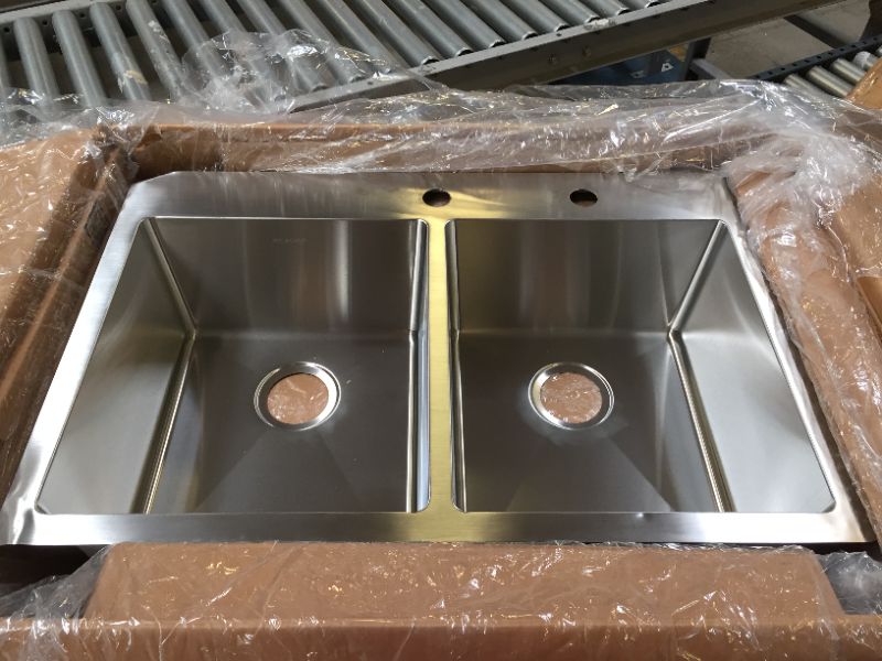 Photo 2 of Elkay Crosstown ECTSR33229TBGFR2 Equal Double Bowl Dual Mount Stainless Steel Sink Kit FR2 Faucet Holes *** ITEM HAS A DENT ON THE CORNER FROM PACKAGING ***