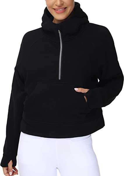Photo 2 of Women’s Hoodies Half Zip Long Sleeve Fleece Crop Pullover Sweatshirts with Pockets Thumb Hole SIZE S -- BLUE  --
