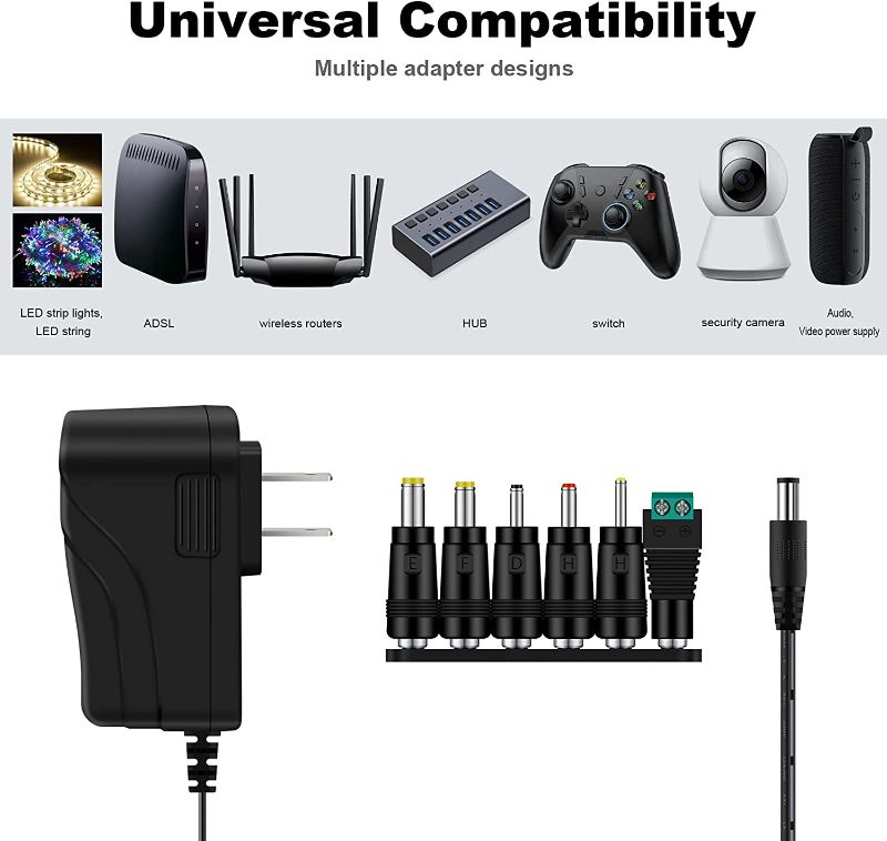 Photo 1 of CSTLBL AC/DC 9V 2A Power Supply Adapter Universal Charger Campatible with 5.5x2.1/2.5x10MM Plug and 1.5M Cable with Multiple Switching Connectors Black  -- 2 COUNT --
