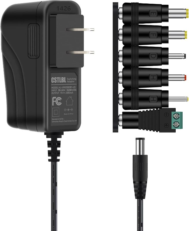 Photo 1 of CSTLBL AC/DC 9V 2A Power Supply Adapter Universal Charger Campatible with 5.5x2.1/2.5x10MM Plug and 1.5M Cable with Multiple Switching Connectors Black  -- 2 COUNT --
