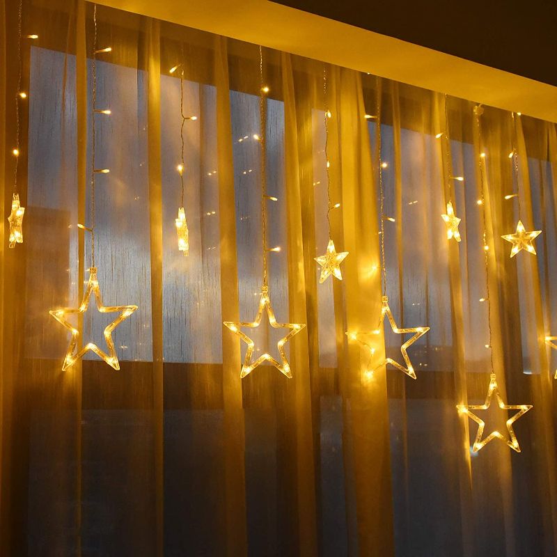 Photo 1 of  Star Curtain Lights for Window - 138 LED 12 Stars String Lamp 8 Lighting Modes Fairy Decorations for Party Gift Outdoor Indoor Home Decor Bedroom Warm White US Plug
