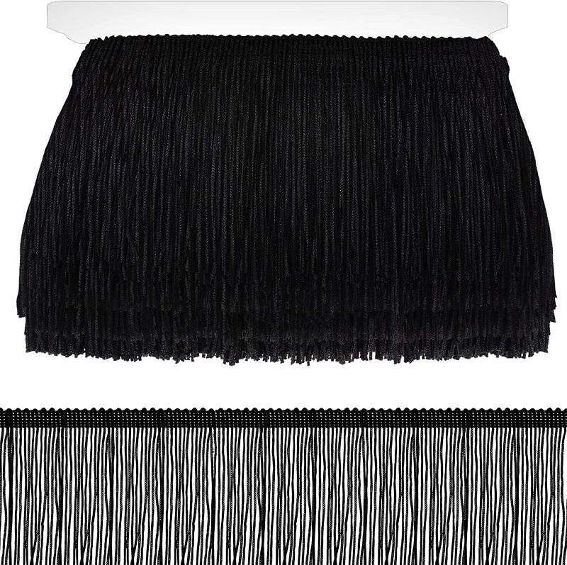 Photo 1 of 14 Yards Chainette Fringe Trim Black Polyester Fibre Tassel Decorative Fringe Trim Accessories for Latin Costume Wedding Dress DIY Lampshade Decoration (4 Inch Wide)
