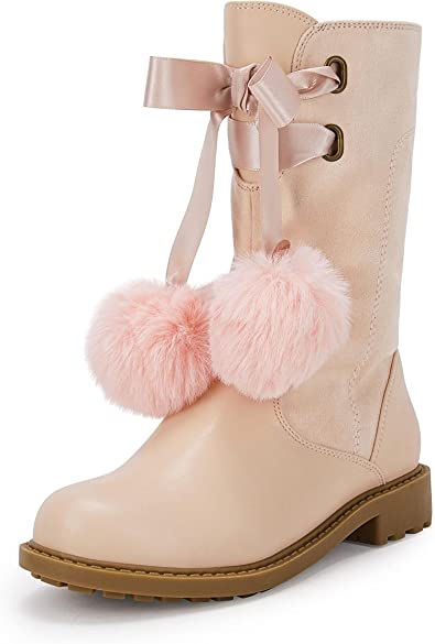 Photo 1 of Coutgo Girls' Boots Mid Calf Lug Sole Side Zipper Winter Boot with Bowknot Pom-poms  -- SIZE 10T --
