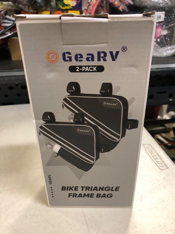 Photo 2 of GEARV Bike Accessories Triangle Bag, Bike Bags with Bike Water Bottle Holder and Reinforced PE Frame for Storage Oxford Black 2 Pk------FACTORY SEALED
