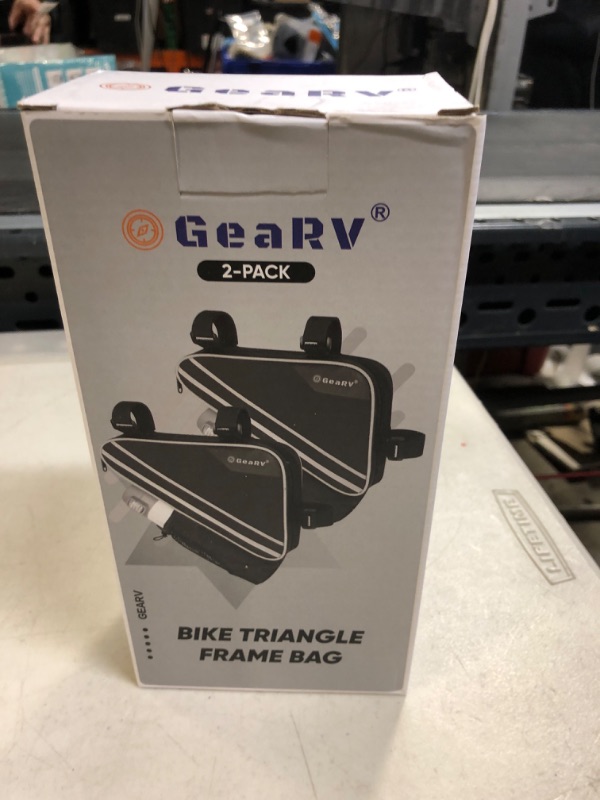 Photo 2 of GEARV Bike Accessories Triangle Bag, Bike Bags with Bike Water Bottle Holder and Reinforced PE Frame for Storage Oxford Black 2 Pk------FACTORY SEALED
