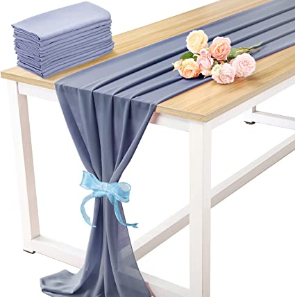 Photo 1 of 10 ft Chiffon Table Runner 28 x 120 Inches Blush Sheer Table Runner Romantic Rustic Boho Wedding Decor Shower Birthday Party Cake Table Decorations with Ribbon Ties (Dusty Blue, 16)