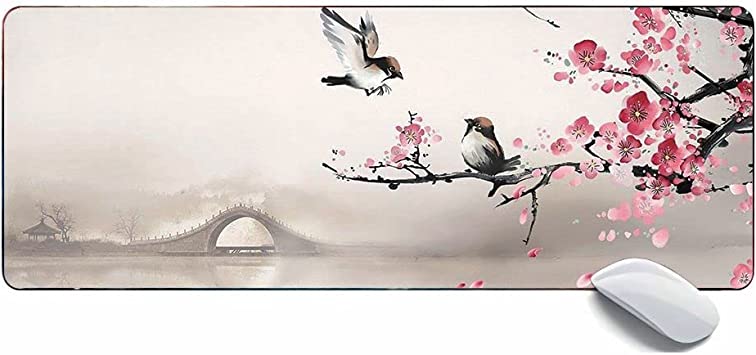 Photo 1 of Asian Art Nature Plum Cherry Blossom Painting Gaming Mouse Pad XL,Extended Large Mouse Mat Desk Pad 31.5x11.8x0.12IN,Stitched Edges Non Slip Mousepad for Computer,Office,Keyboard and Laptop