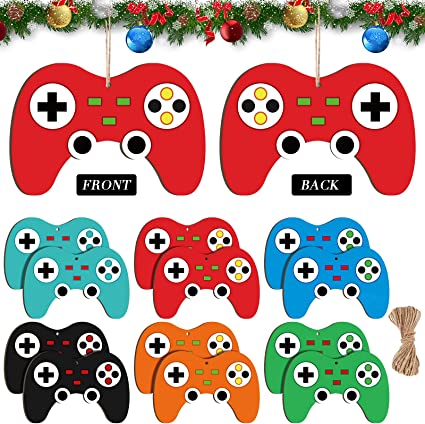 Photo 1 of 12 Pieces Video Game Controller Christmas Ornament Wooden Video Game Controller Ornaments Double Side Printed Video Game Tree Ornaments Christmas Game Hanging Decorations Xmas Tree Craft Supplies