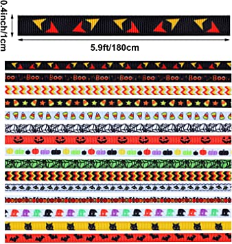 Photo 1 of 30 Yards 3/8 inch Wide Halloween Grosgrain Ribbons Pumpkin Ghost Bat Spiderweb Printed Ribbons Halloween Polyester Ribbon for Halloween Gift Party Decoration- (2 Packs)