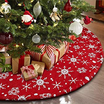 Photo 1 of 48 Inch Red Christmas Tree Skirt with Snowflakes, Traditional Christmas Tree Mat Double Layers for Xmas Party Decoration Layers Tree Tree Skirt