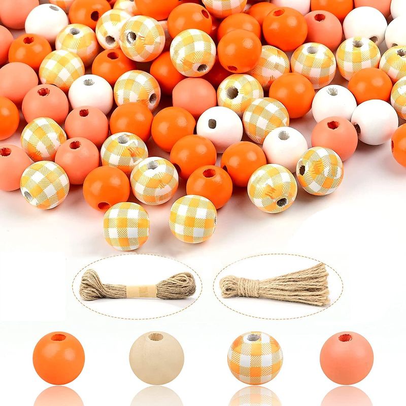 Photo 1 of 160 Pcs Wooden Beads for Crafts 16mm Plaid Wood Beads with 10m Jute Twine, Colored Wooden Beads Unfinished Round Beads for Christmas Thanksgiving DIY Crafts Home Decoration (Yellow Orange White)