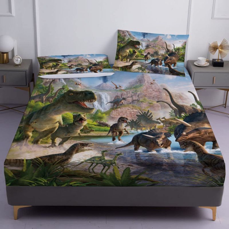 Photo 1 of  Dinosaurs Bed Sheets Set Queen for Boys 3D Realistic Dinosaur Green Fitted Sheets Set Ancient Dinosaur Theme Kids/Adults/Teens Bedroom Bedding Sheet Set,Queen Size(4pc)