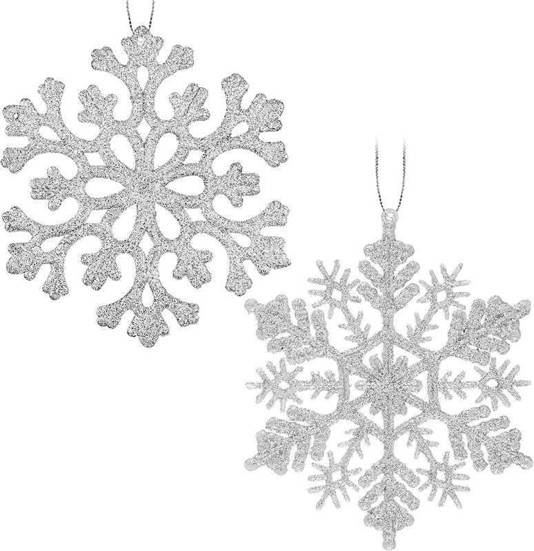 Photo 1 of 30PCS Christmas Glitter Snowflake Ornaments Plastic Snowflakes Ornaments-Xmas Tree Decorations,4.7-inch(Silver)