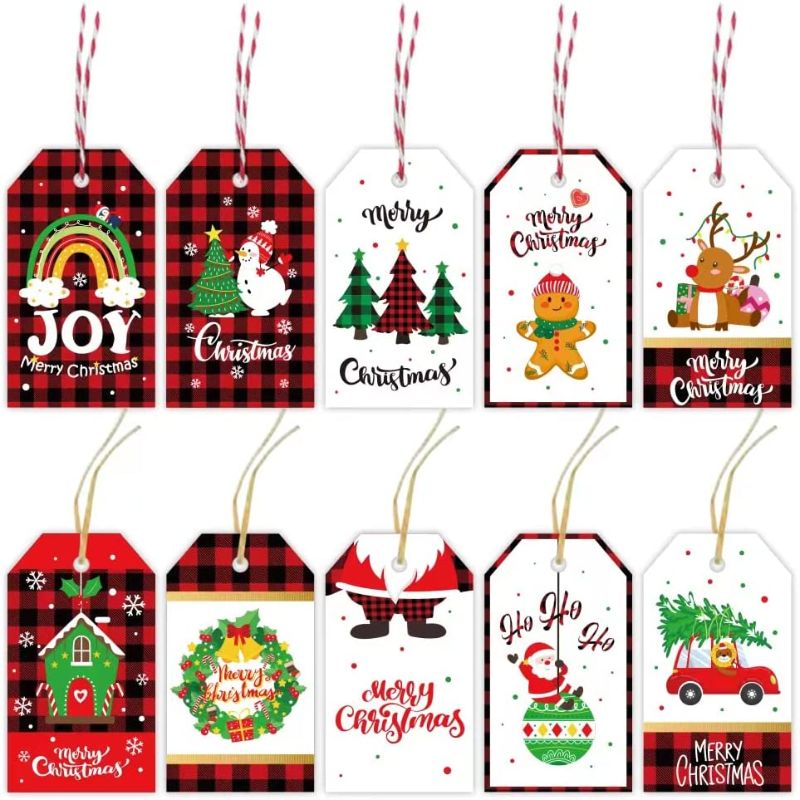 Photo 1 of 100 Pieces Christmas Gift Tags?Christmas Kraft Gift Tags with Jute Twine Baker Twine for DIY Christmas Day Present Wrap Stamp and Label Package Name Card