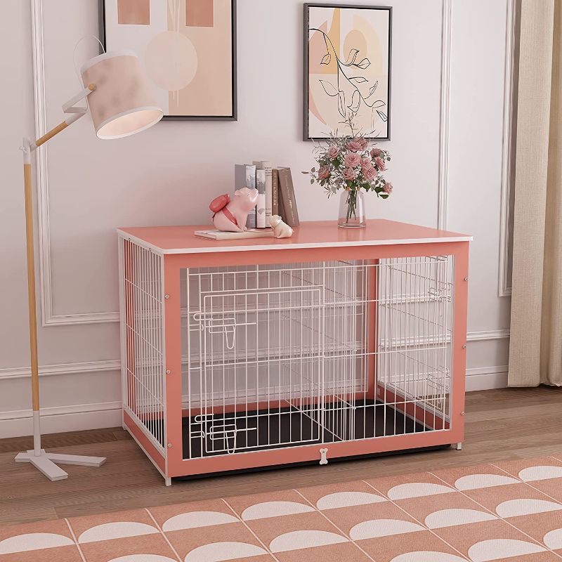 Photo 1 of  Wooden Dog Crate Furniture FURNITURE with Fixable Slide Tray PINK