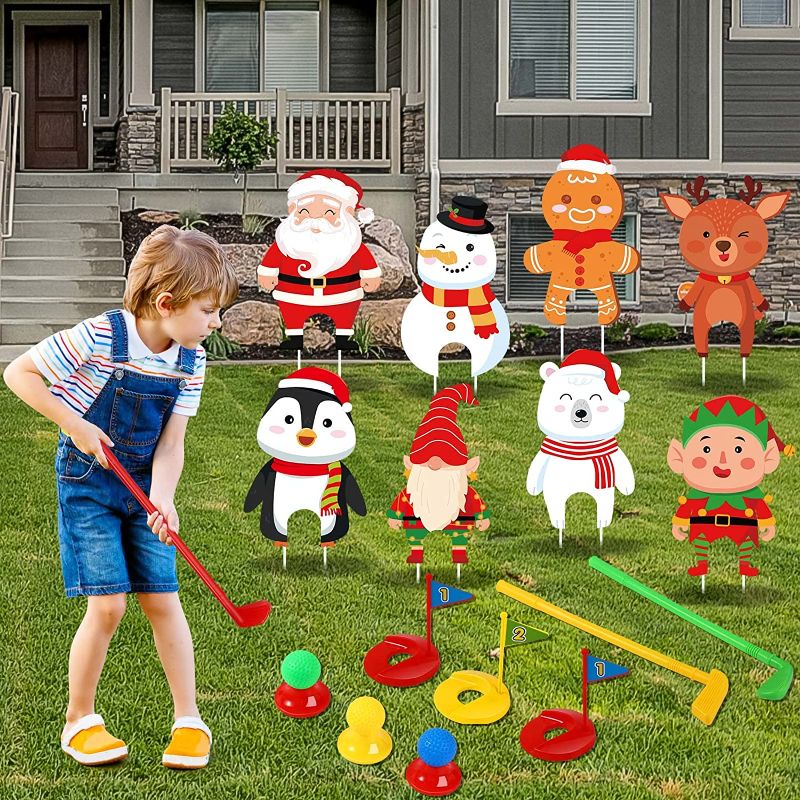 Photo 1 of Christmas Golf Game Set Christmas Party Mini Golf Toy Mini Golf Club Set 3 Balls 3 Golf Sticks 3 Flags 3 Tees, 8 Christmas Lawn Signs Decorations for Indoor Outdoor Games Supplies (Snowman Style)