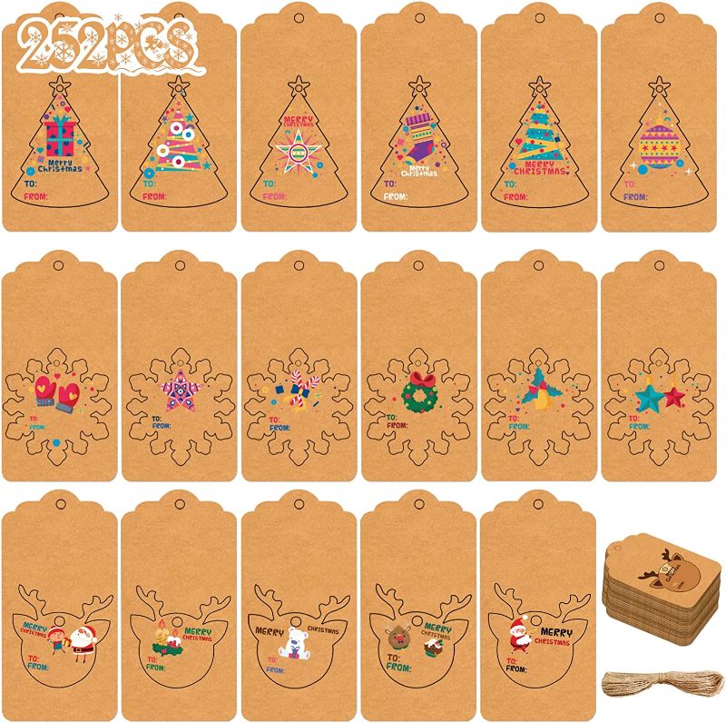 Photo 1 of 252 Pcs Christmas Gift Name Tags Hang Labels to from Stickers Kraft Paper Tag Christmas Tree Snowflake Reindeer Design for Christmas Gift Favor,DIY Arts and Crafts Wedding Supply with 100Feet Twine