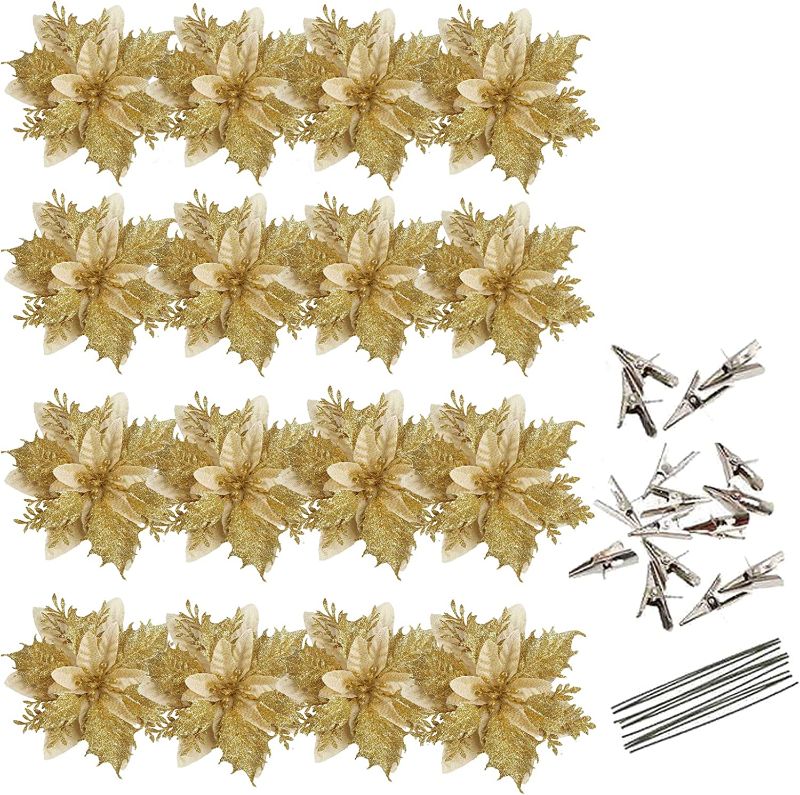 Photo 1 of 16 Pcs Artificial Gold Poinsettia Flowers with Clips and Stems, 5.5 Inch Glitter Xmas Tree Ornaments New Year Flower Wedding Party Wreath Decor