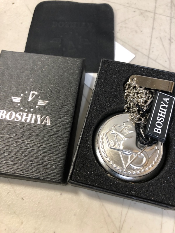 Photo 2 of BOSHIYA Fullmetal Alchemist Pocket Watch with Chain Box for Cosplay Accessories Anime Merch Alchemist-Silver