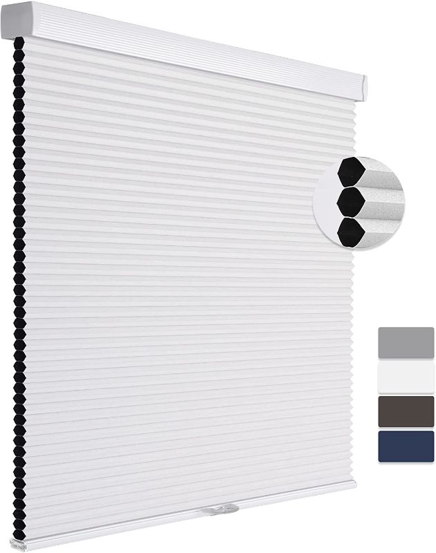 Photo 1 of  Cordless Cellular Shades 100% Blackout Honeycomb Shades for Windows Pull Down Honeycomb Blinds Custom Size for Home Bedroom Kitchen Office Living Room White