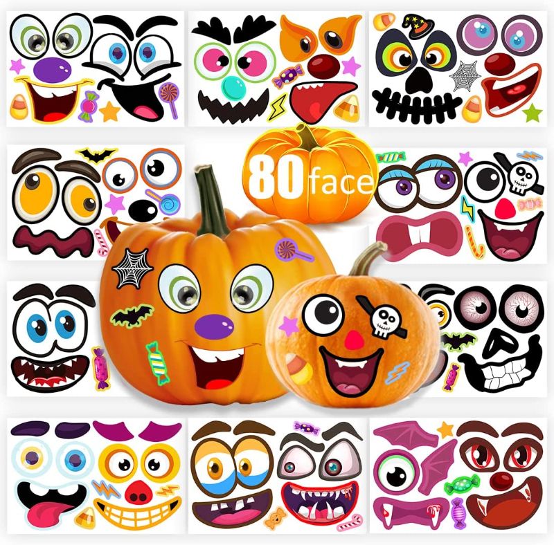 Photo 1 of 80 Packs Halloween Pumpkin Decorating Kit, Make Pumpkin Face Stickers in 20 Designs, Halloween Stickers for Kids Halloween Party Favors Trick or Treat Party Supplies