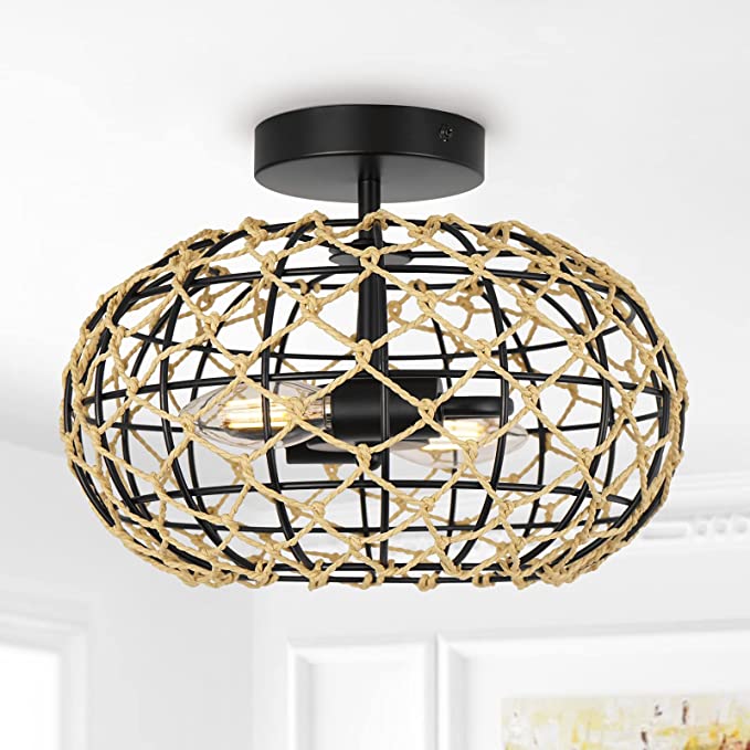 Photo 1 of ZOSIMIO Hand-Woven White Farmhouse Pendant Light, Boho 2-Light Coastal Small Chandelier, Modern Paper Rope Basket Light Fixture for Kitchen, Bedroom, Dining, Living Room, Hallway pendant light  BLACK 