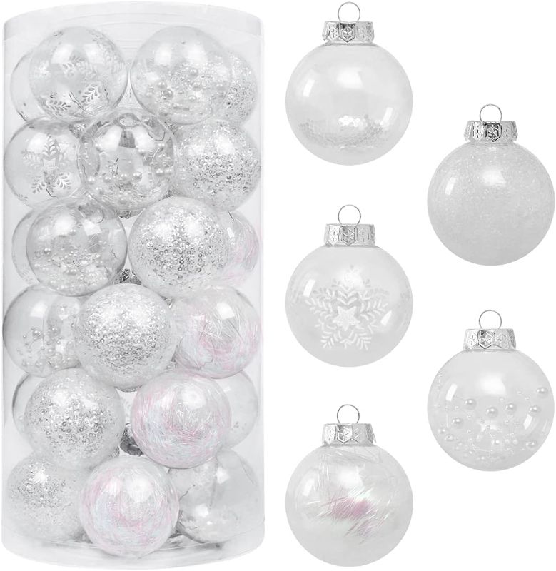 Photo 1 of 70MM/2.76" Christmas Ornaments Set, 30PCS Shatterproof Decorative Hanging Ornaments with Stuffed Delicate Decorations, Clear Rustic Xmas Ball Decor for Farmhouse Party Office Thankgivings - White.