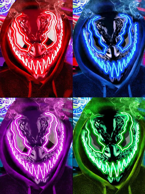 Photo 1 of 4 Pack Venobat Halloween Mask - Light Up Led Scary Masks for Purge Costume Party Cosplay Carnival Dark and Evil Glowing Eyes Cool Glow Neon Mask for Kids Adults Men Women