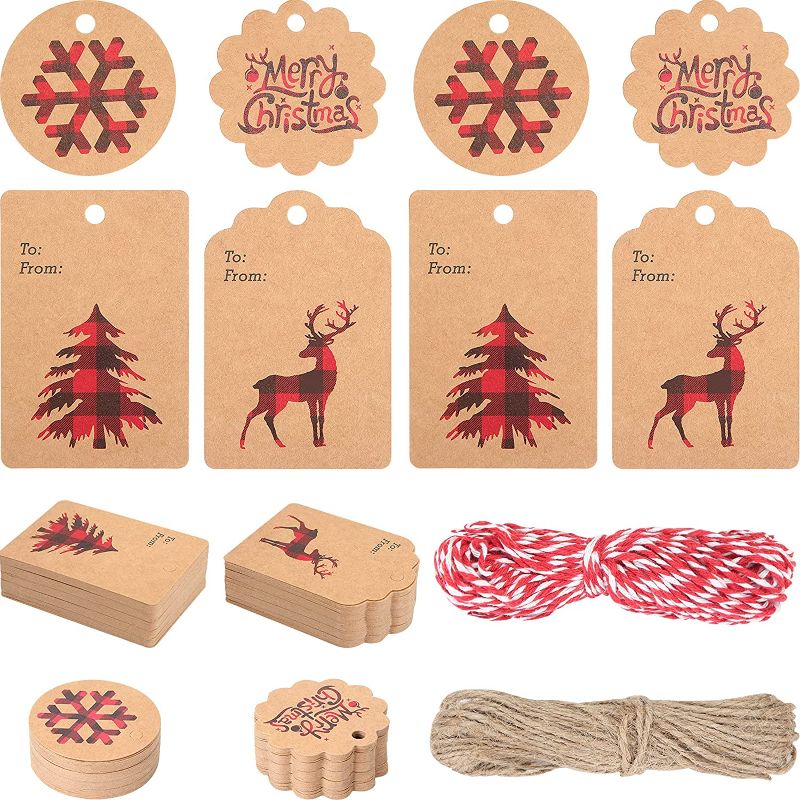 Photo 1 of 200 Pieces Christmas Kraft Paper Tags Christmas Present Kraft Tags Xmas Present Hanging Tags Christmas Craft Labels with Snowflake Christmas Tree Elk 2 Rolls Twines for DIY Christmas Present Wrap