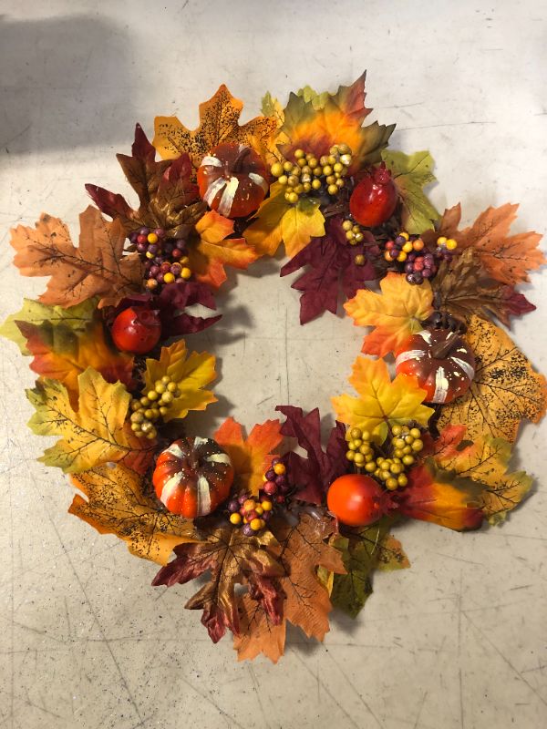 Photo 2 of 15 Inch Fall Wreath, Autumn Maple Leaf Harvest Thanksgiving Door Wreath for Front Door with Pumpkins, Pinecone, Maple Leaf and Berry