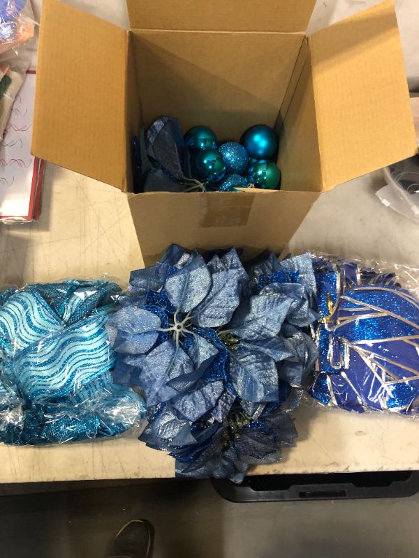 Photo 2 of 73 Pcs Christmas Tree Decorations Set Hanging Ornaments Bulk Includes 30 Christmas Balls, 18 Faux Poinsettia Flowers, 24 Christmas Bow, 1 Bow Tree Topper for Outdoor Holiday Xmas Party Decor (Blue)