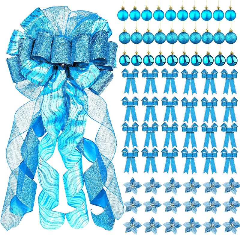Photo 1 of 73 Pcs Christmas Tree Decorations Set Hanging Ornaments Bulk Includes 30 Christmas Balls, 18 Faux Poinsettia Flowers, 24 Christmas Bow, 1 Bow Tree Topper for Outdoor Holiday Xmas Party Decor (Blue)