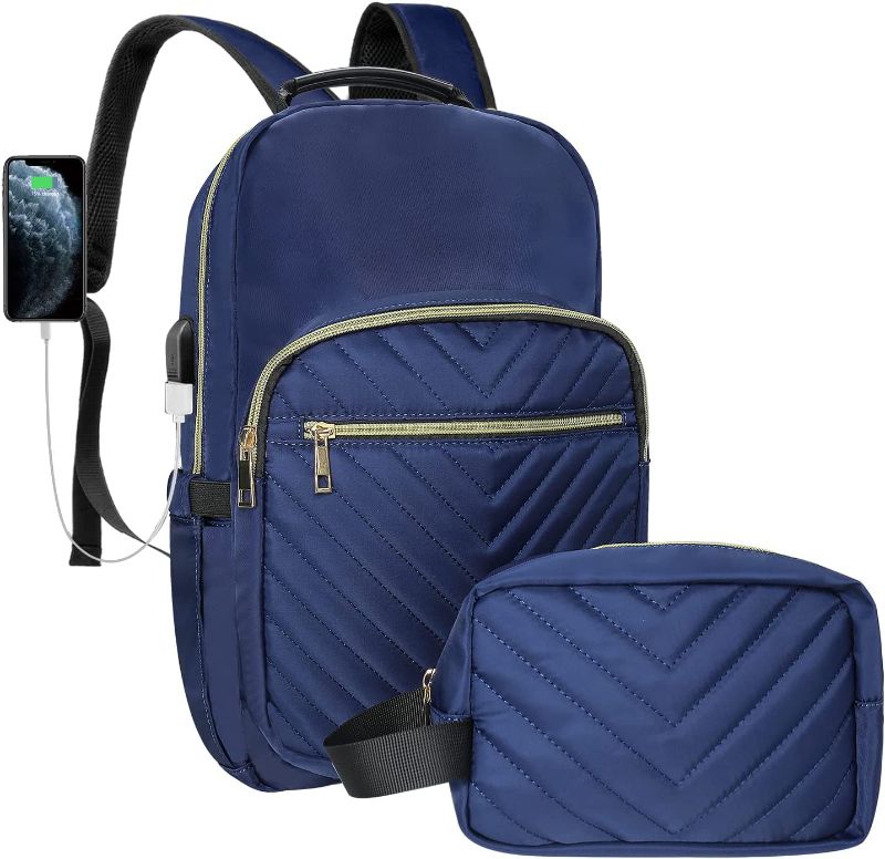 Photo 1 of iKunst Travel Laptop Backpack for Women Waterproof Work Backpack Purse for School College Travel, Cute Stylish Daypack Bookbag 15.6 Inch, Navy