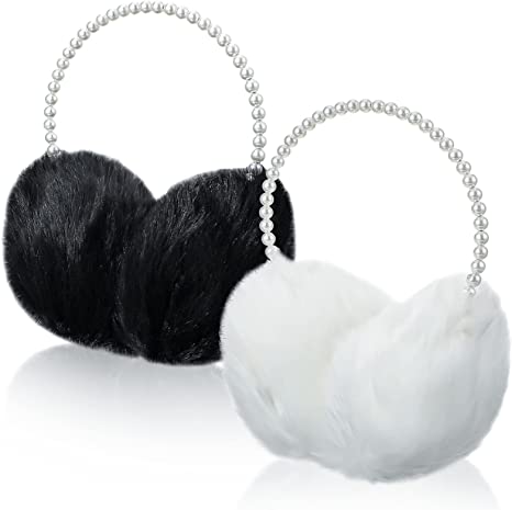 Photo 1 of Mepase 2 Pieces Women Winter Ear Muffs Cute Fuzzy Plush Earmuffs Faux Fur Outdoor Ear Warmers with Pearl Headband for Girls, Black, White